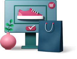 A computer monitor showing a shoe, and a shopping bag